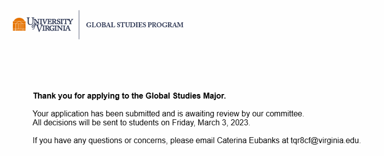 end of survey confirmation statement for Global Studies major