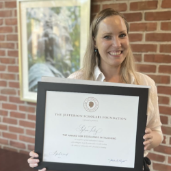 Prof. Sylvia Tidey receives The Jefferson Scholars Foundation Award for Excellence in Teaching.