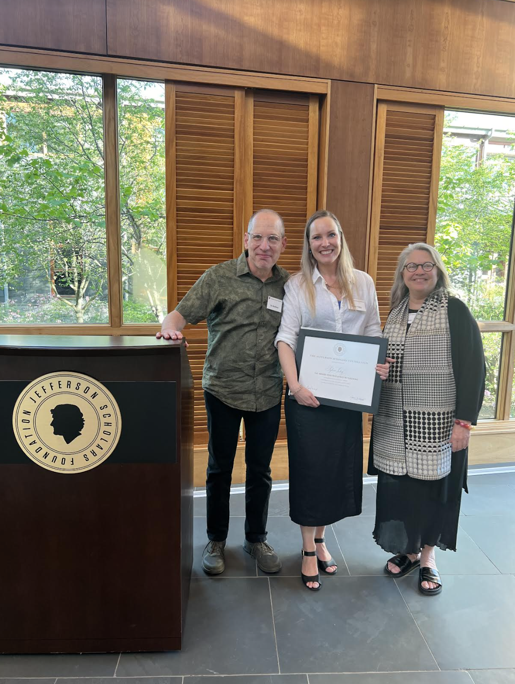 Prof. Sylvia Tidey receives The Jefferson Scholars Foundation Award for Excellence in Teaching.